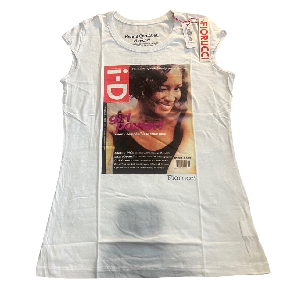 NWT Fiorucci X Naomi Campbell Collab White Cap Sleeve Tee Cannabis Special RARE